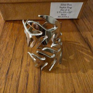 NIB SET 4 John Robshaw Textiles SILVER Fern Napkin Rings 2.75 x 2.5 x 2.5 Metal